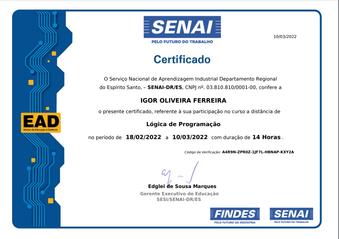 Certificado do SENAI